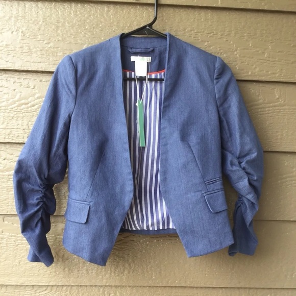 NWT! ESLEY Blue Cotton Blend Ruched Sleeve Open Cut Blazer Jacket - Small - Picture 13 of 16